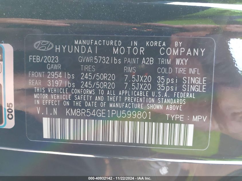 2023 Hyundai Palisade Limited VIN: KM8R54GE1PU599801 Lot: 40932142