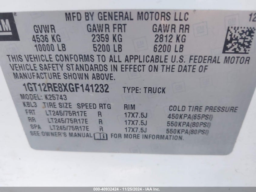 2016 GMC SIERRA 2500HD VIN: 1GT12RE8XGF141232