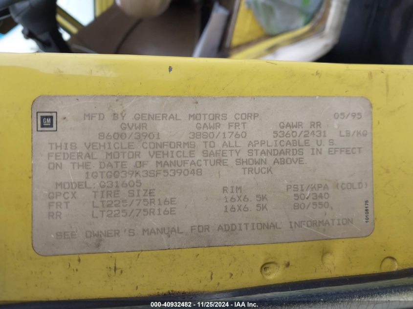 1995 GMC Vandura G3500 VIN: 1GTGG39K3SF539048 Lot: 40932482