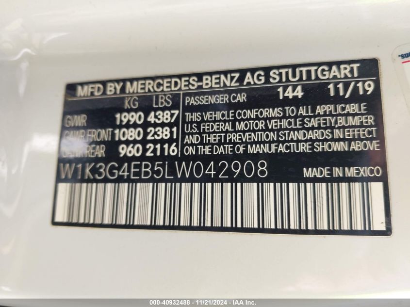 2020 Mercedes-Benz A 220 VIN: W1K3G4EB5LW042908 Lot: 40932488