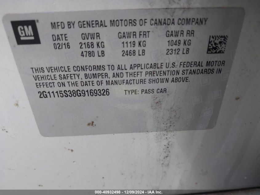 VIN 2G1115S38G9169326 2016 CHEVROLET IMPALA no.9