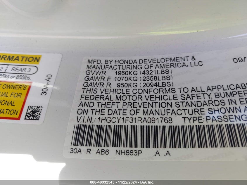 2024 HONDA ACCORD VIN: 1HGCY1F31RA091768