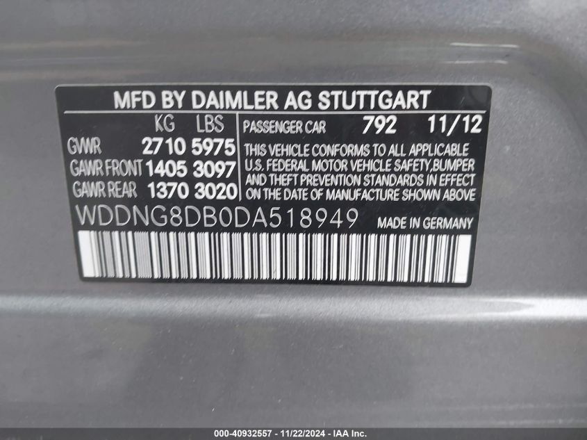 2013 Mercedes-Benz S 350 Bluetec 4Matic VIN: WDDNG8DB0DA518949 Lot: 40932557