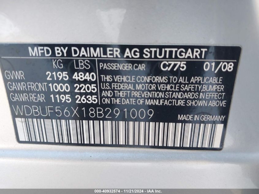 2008 Mercedes-Benz E 350 VIN: WDBUF56X18B291009 Lot: 40932574