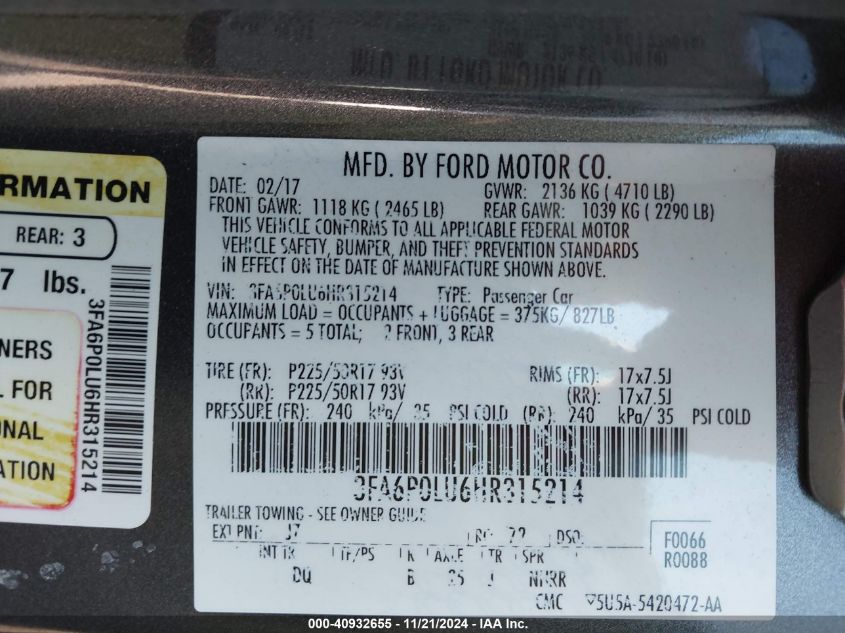 2017 Ford Fusion Hybrid Se VIN: 3FA6P0LU6HR315214 Lot: 40932655