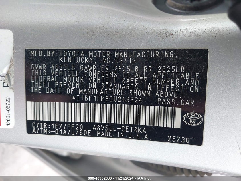 2013 TOYOTA CAMRY VIN: 4T1BF1FK8DU243524