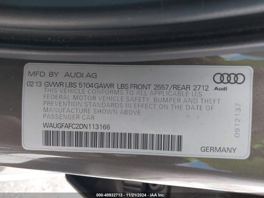 2013 Audi A6 2.0T Premium VIN: WAUGFAFC2DN113166 Lot: 40932713