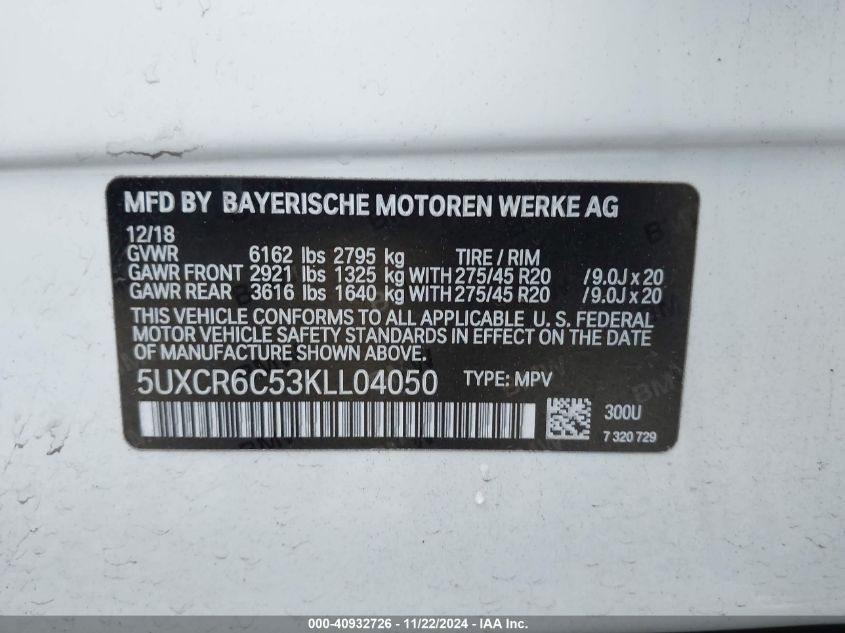 2019 BMW X5 XDRIVE40I - 5UXCR6C53KLL04050