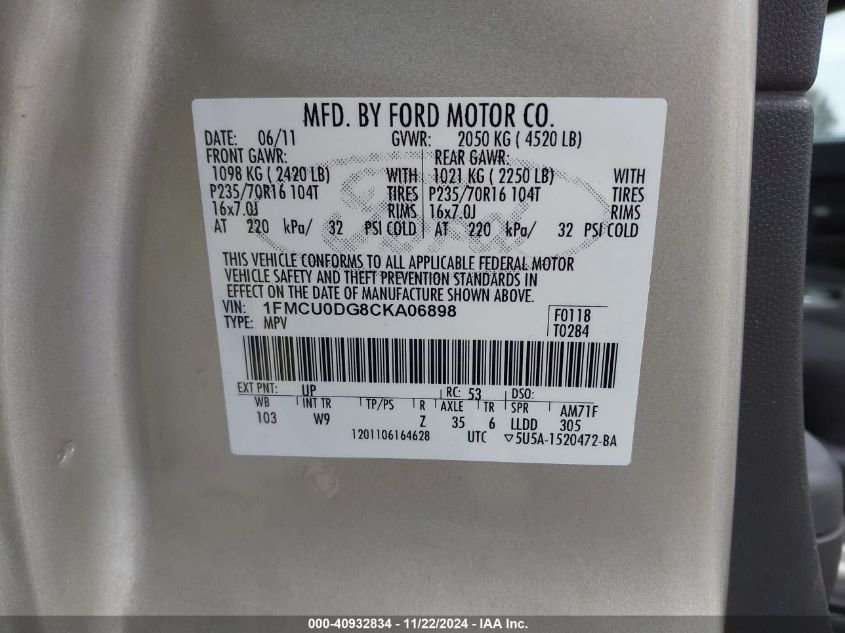 2012 Ford Escape Xlt VIN: 1FMCU0DG8CKA06898 Lot: 40932834