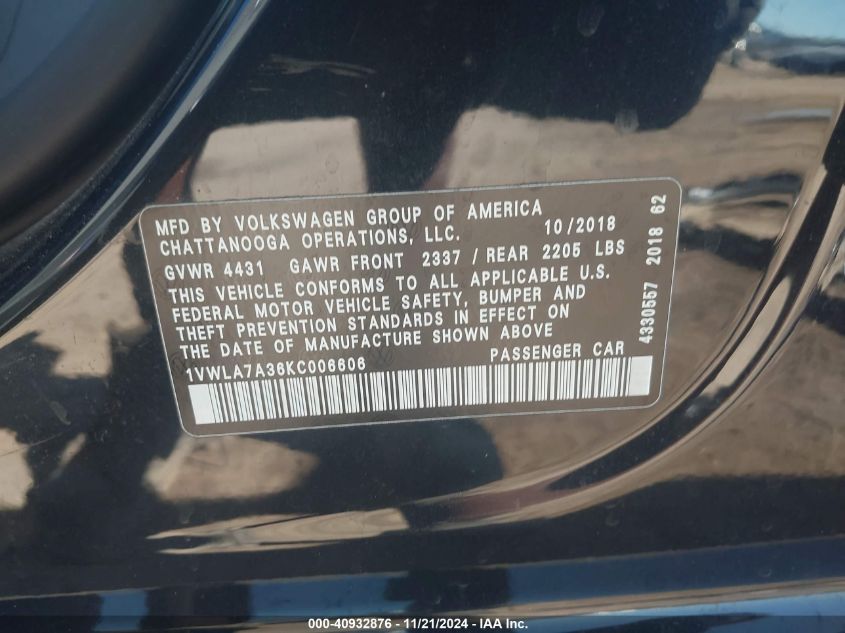 2019 Volkswagen Passat 2.0T Wolfsburg Edition VIN: 1VWLA7A36KC006606 Lot: 40932876