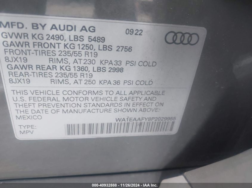 2023 Audi Q5 Premium Plus 45 Tfsi S Line Quattro VIN: WA1EAAFY8P2029955 Lot: 40932888