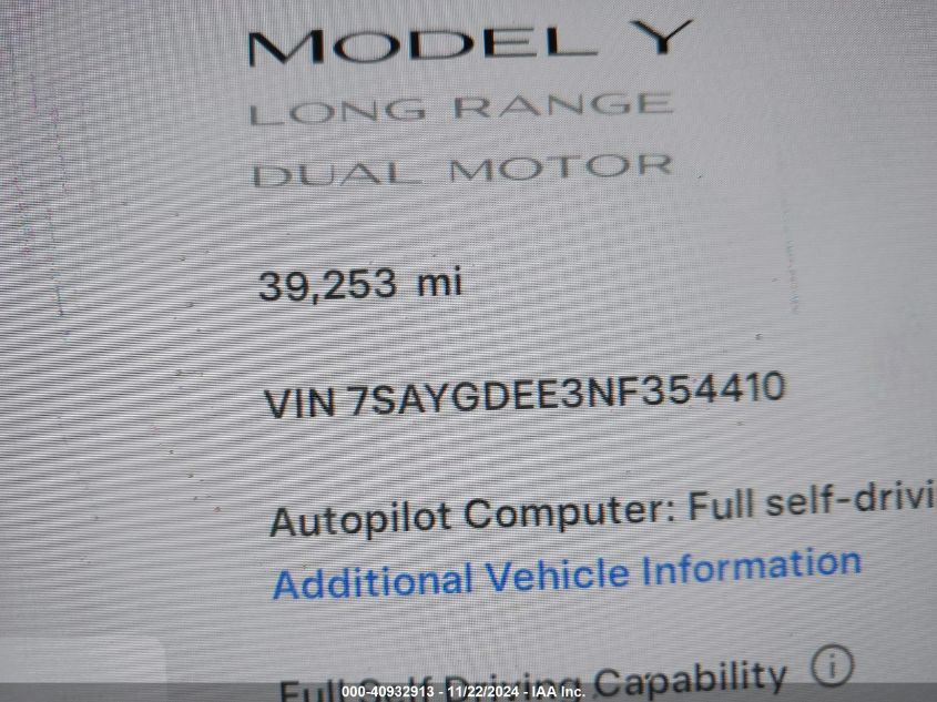 VIN 7SAYGDEE3NF354410 2022 Tesla Model Y, Long Rang... no.15