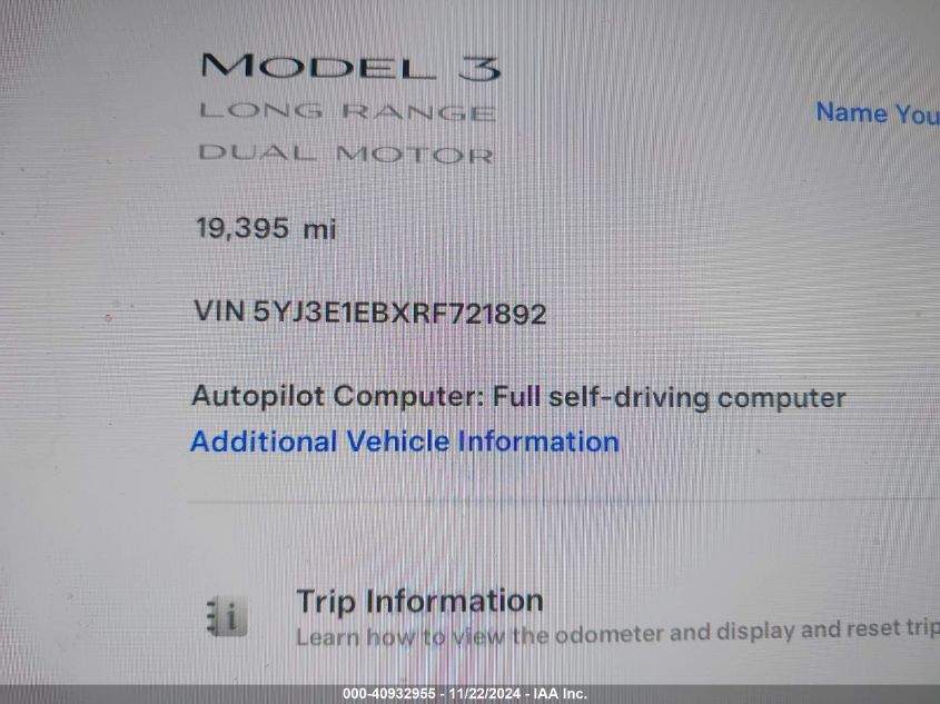 2024 Tesla Model 3 Long Range Dual Motor All-Wheel Drive VIN: 5YJ3E1EBXRF721892 Lot: 40932955