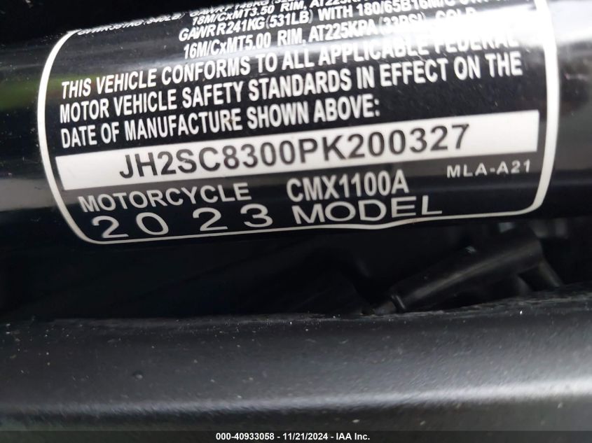 2023 Honda Cmx1100 A VIN: JH2SC8300PK200327 Lot: 40933058