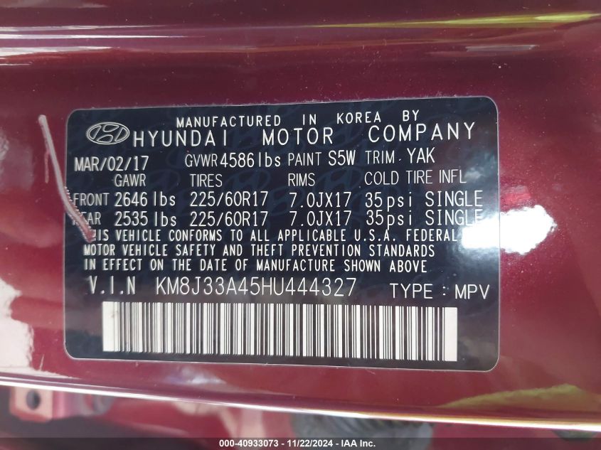 VIN KM8J33A45HU444327 2017 Hyundai Tucson, SE no.9