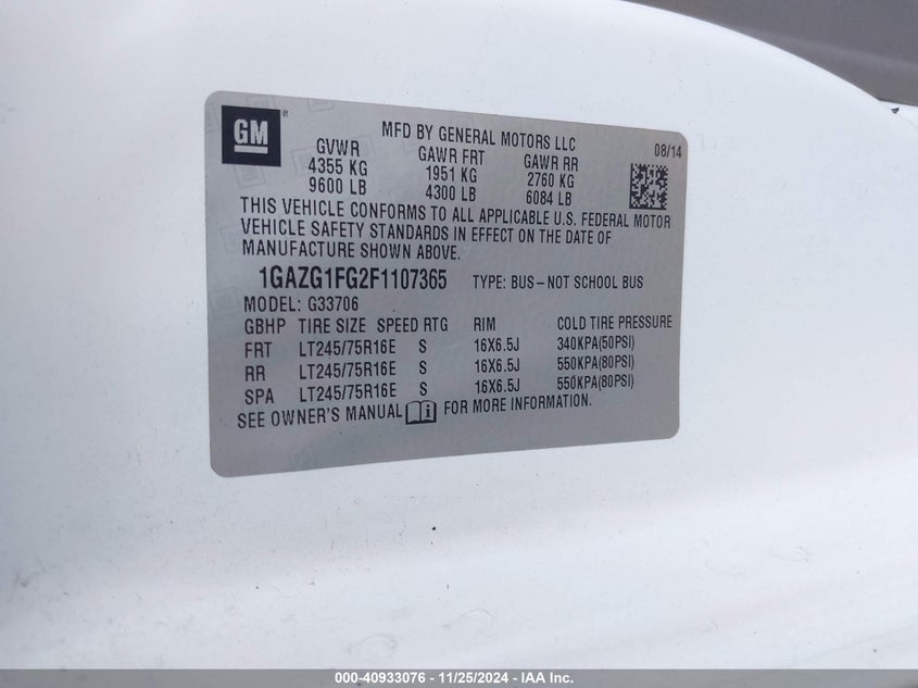 2015 CHEVROLET EXPRESS 3500 LT - 1GAZG1FG2F1107365