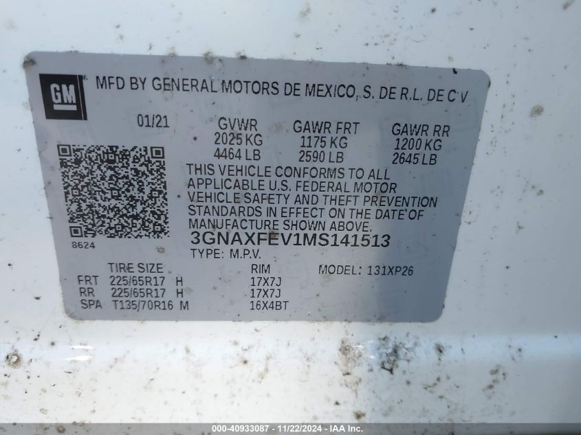 2021 Chevrolet Equinox Fwd 1Fl VIN: 3GNAXFEV1MS141513 Lot: 40933087