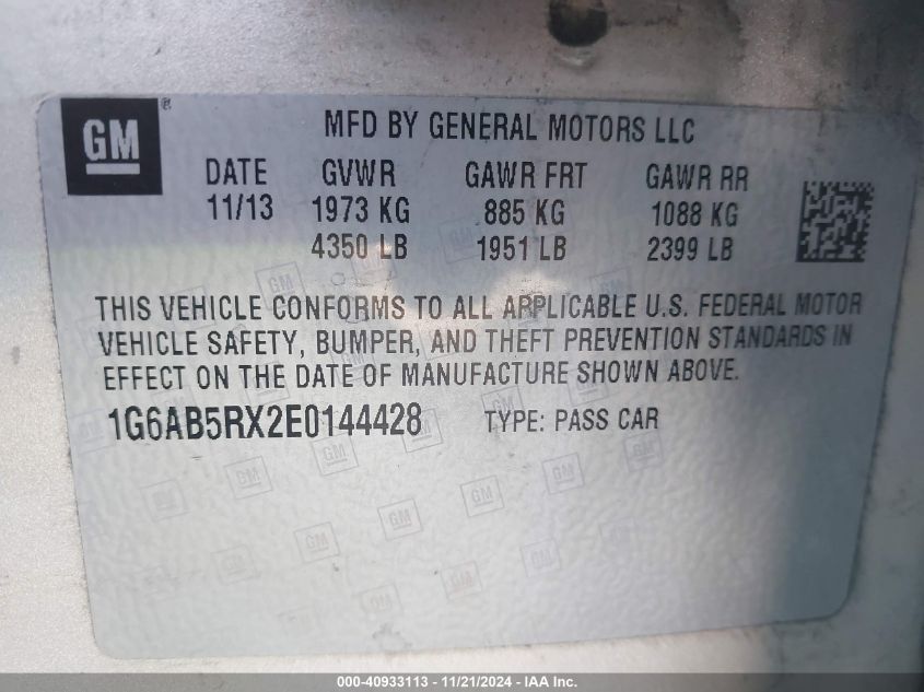 2014 CADILLAC ATS VIN: 1G6AB5RX2E0144428