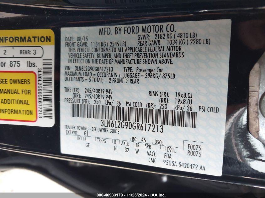 2016 LINCOLN MKZ VIN: 3LN6L2G90GR617213