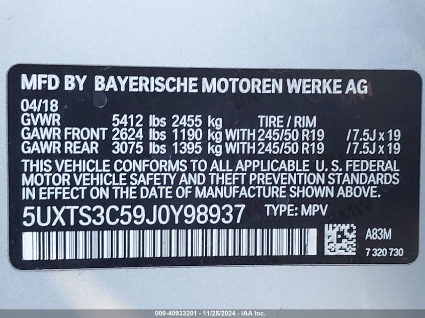 VIN 5UXTS3C59J0Y98937 2018 BMW X3, M40I no.9