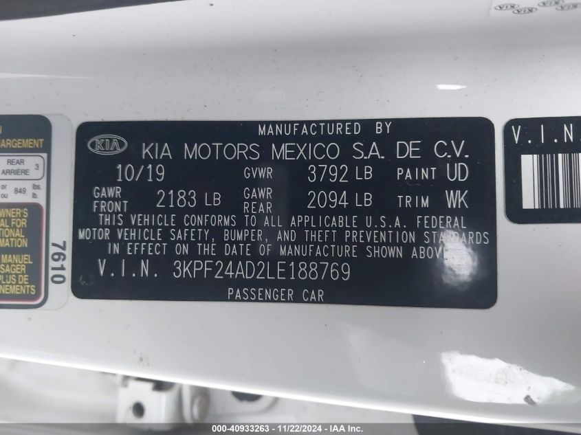 2020 Kia Forte Lxs VIN: 3KPF24AD2LE188769 Lot: 40933263