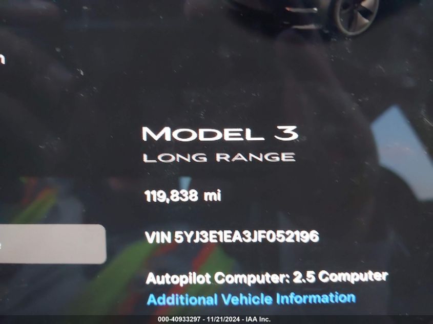 2018 Tesla Model 3 Long Range/Mid Range VIN: 5YJ3E1EA3JF052196 Lot: 40933297