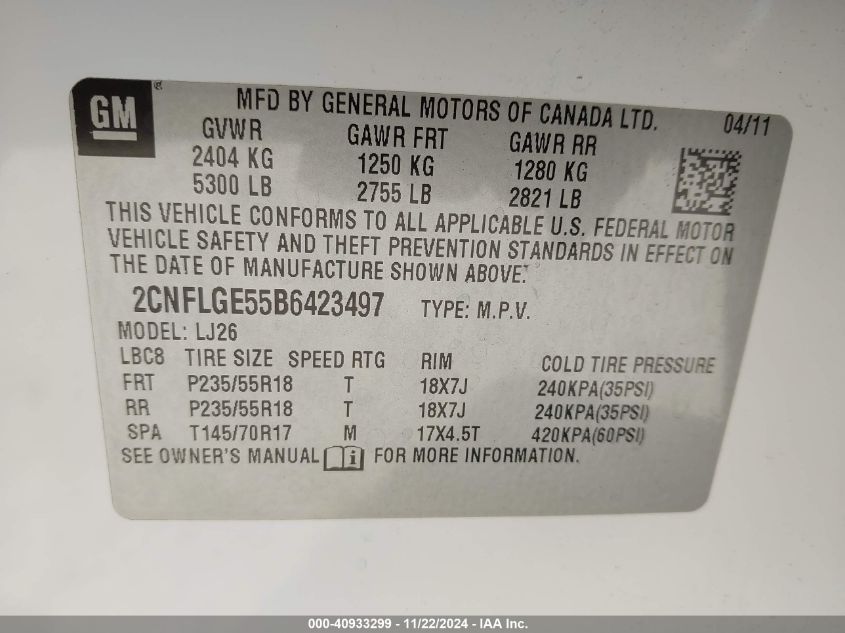 2011 Chevrolet Equinox Ltz VIN: 2CNFLGE55B6423497 Lot: 40933299