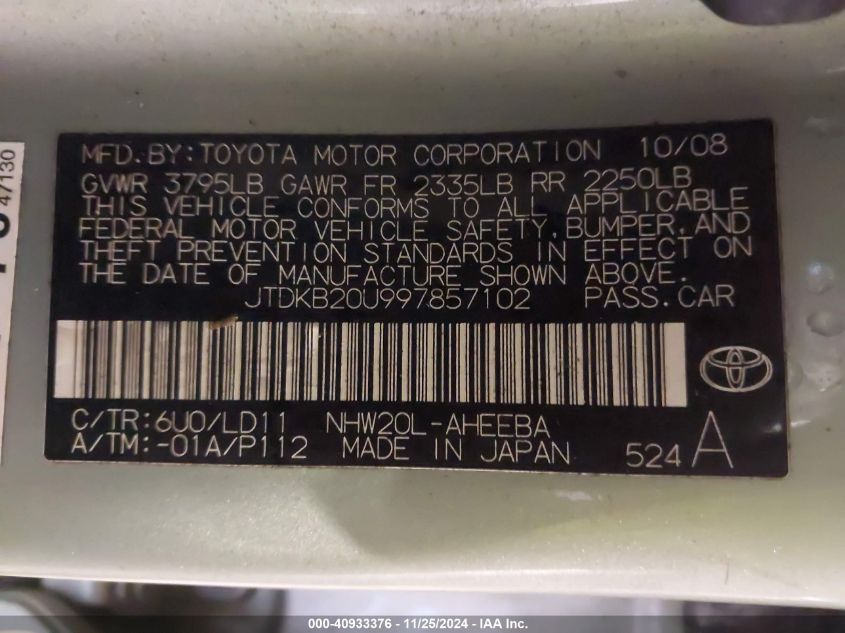 2009 Toyota Prius VIN: JTDKB20U997857102 Lot: 40933376