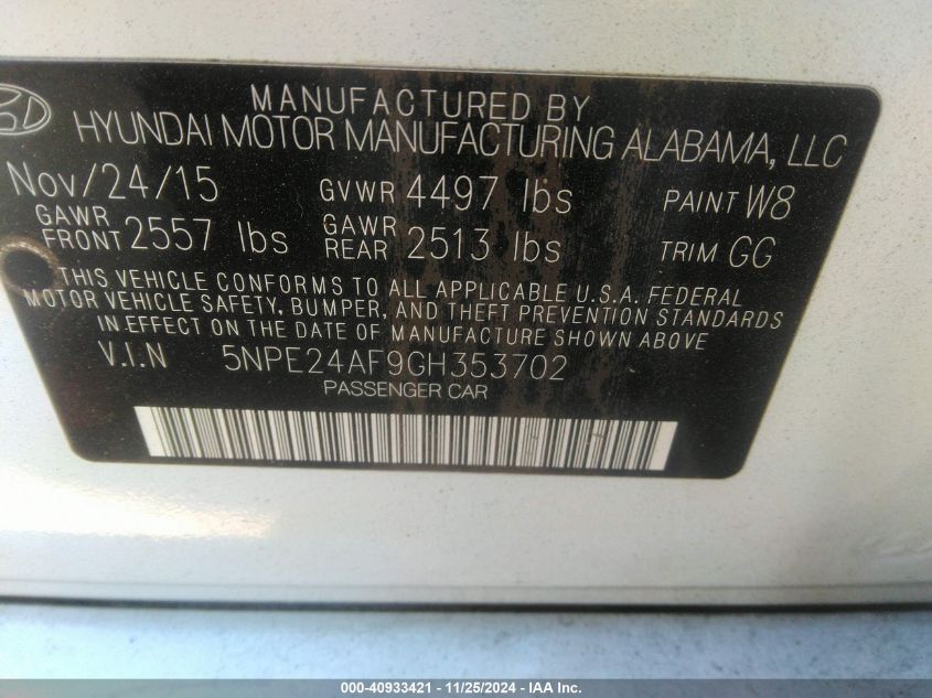 VIN 5NPE24AF9GH353702 2016 Hyundai Sonata, SE no.9