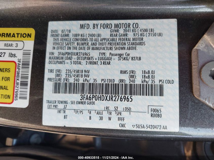 2018 FORD FUSION SE - 3FA6P0HDXJR276965