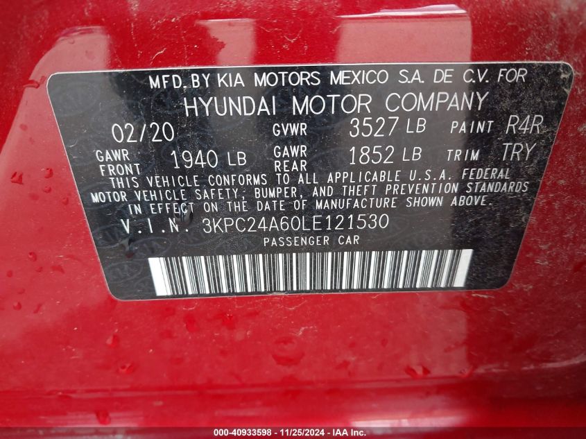 VIN 3KPC24A60LE121530 2020 Hyundai Accent, SE no.9