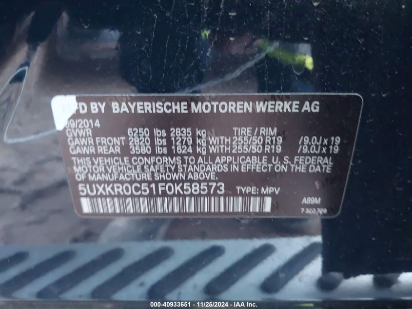 VIN 5UXKR0C51F0K58573 2015 BMW X5 no.9