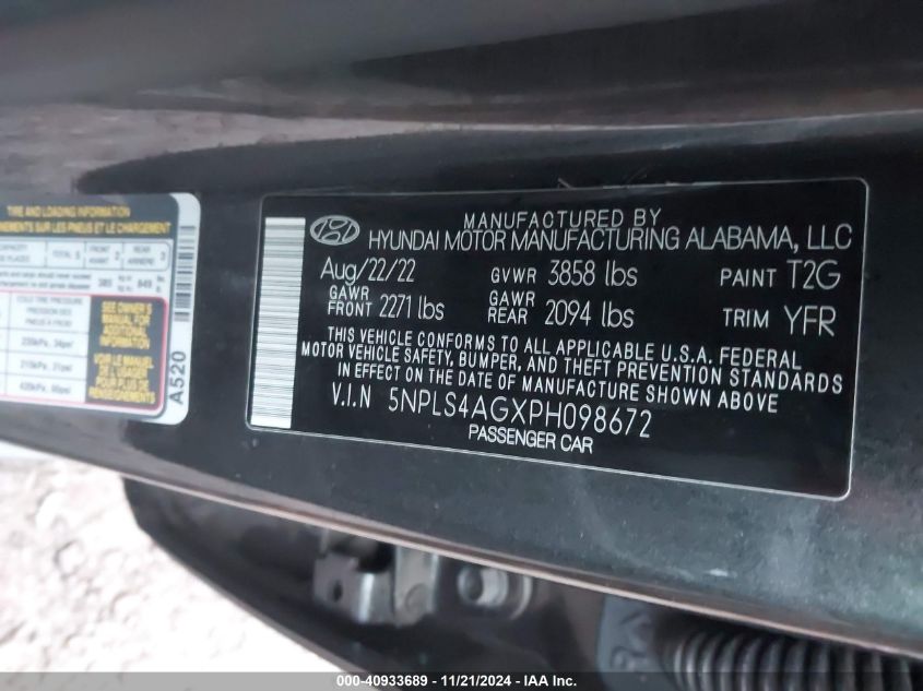 2023 Hyundai Elantra Sel VIN: 5NPLS4AGXPH098672 Lot: 40933689