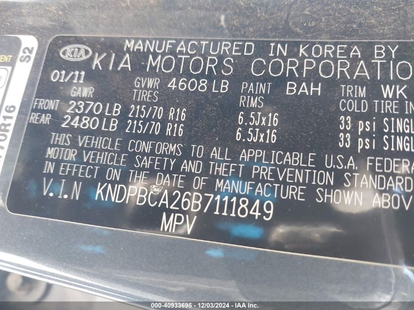 2011 Kia Sportage Lx VIN: KNDPBCA26B7111849 Lot: 40933695