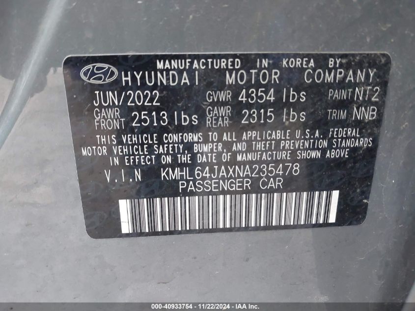 2022 Hyundai Sonata Sel VIN: KMHL64JAXNA235478 Lot: 40933754