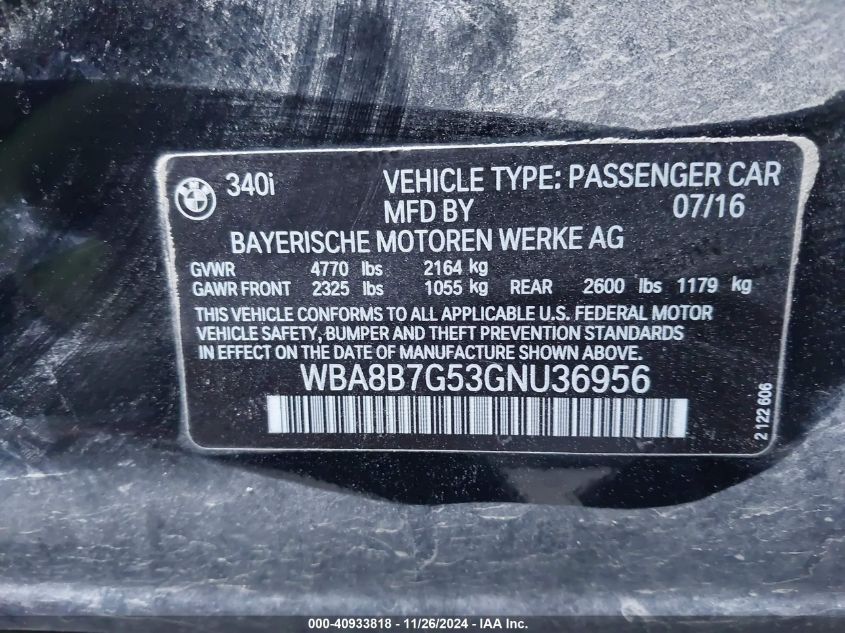 2016 BMW 340I VIN: WBA8B7G53GNU36956