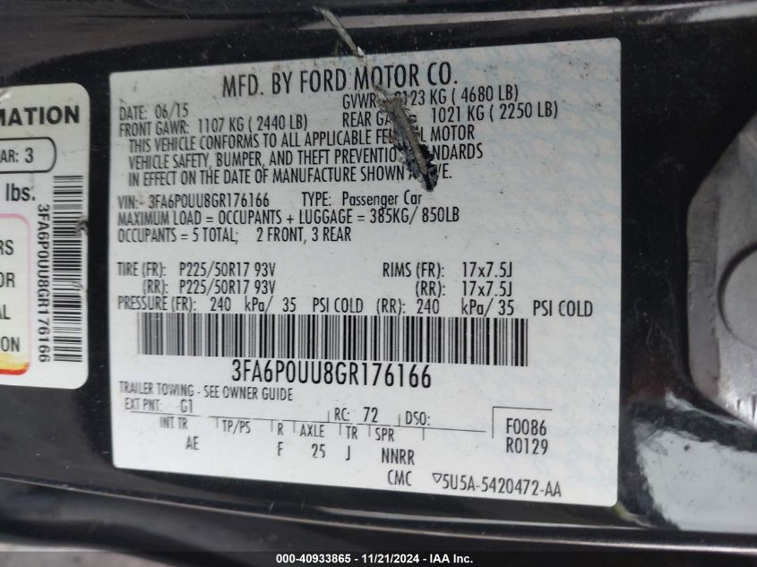 VIN 3FA6P0UU8GR176166 2016 FORD FUSION HYBRID no.9