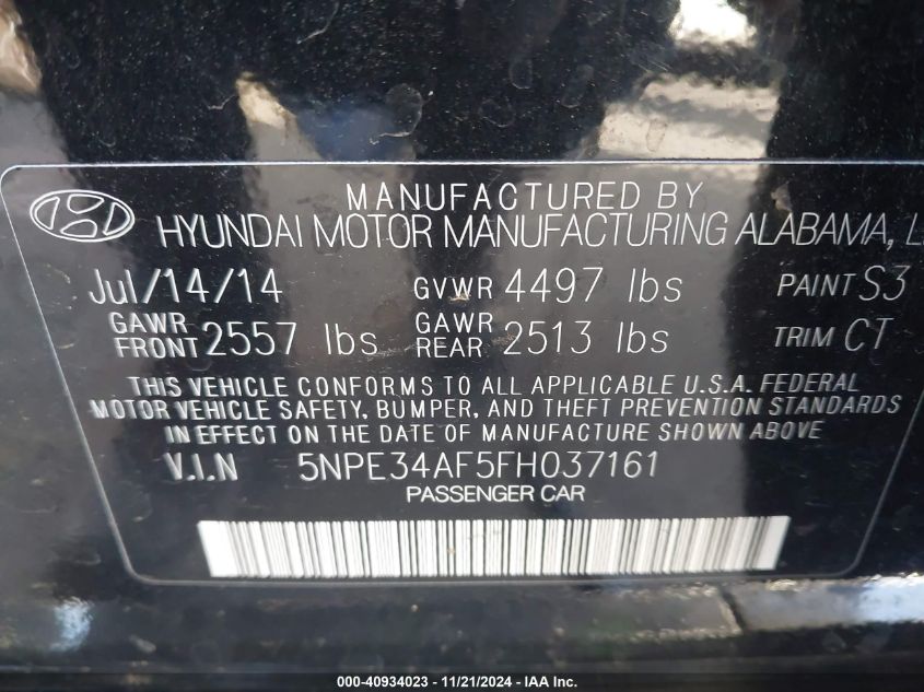 2015 Hyundai Sonata Limited VIN: 5NPE34AF5FH037161 Lot: 40934023