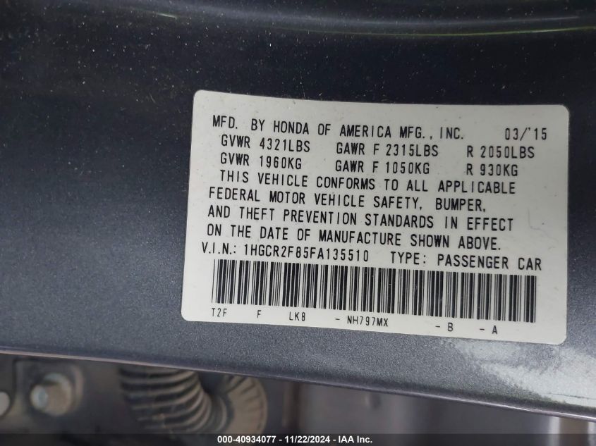 2015 HONDA ACCORD VIN: 1HGCR2F85FA135510