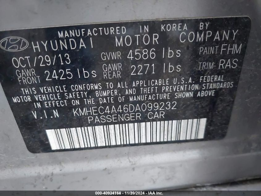 2013 Hyundai Sonata Hybrid VIN: KMHEC4A46DA099232 Lot: 40934164