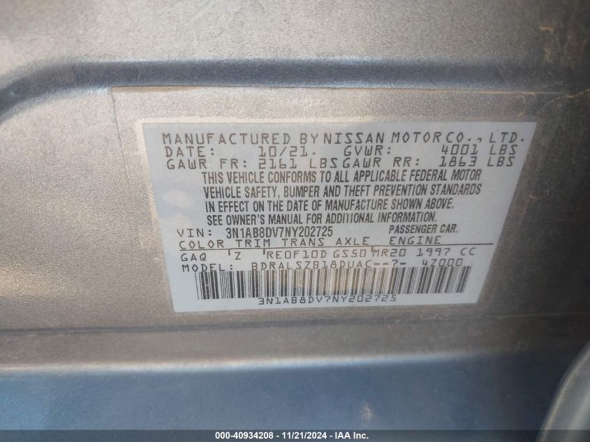 2022 Nissan Sentra Sr Xtronic Cvt VIN: 3N1AB8DV7NY202725 Lot: 40934208