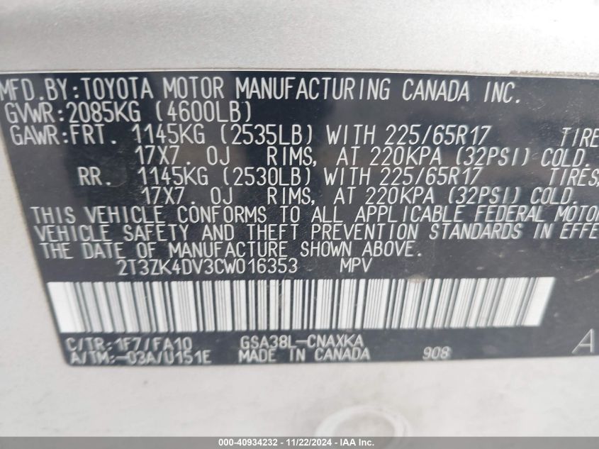 2012 Toyota Rav4 Base V6 VIN: 2T3ZK4DV3CW016353 Lot: 40934232