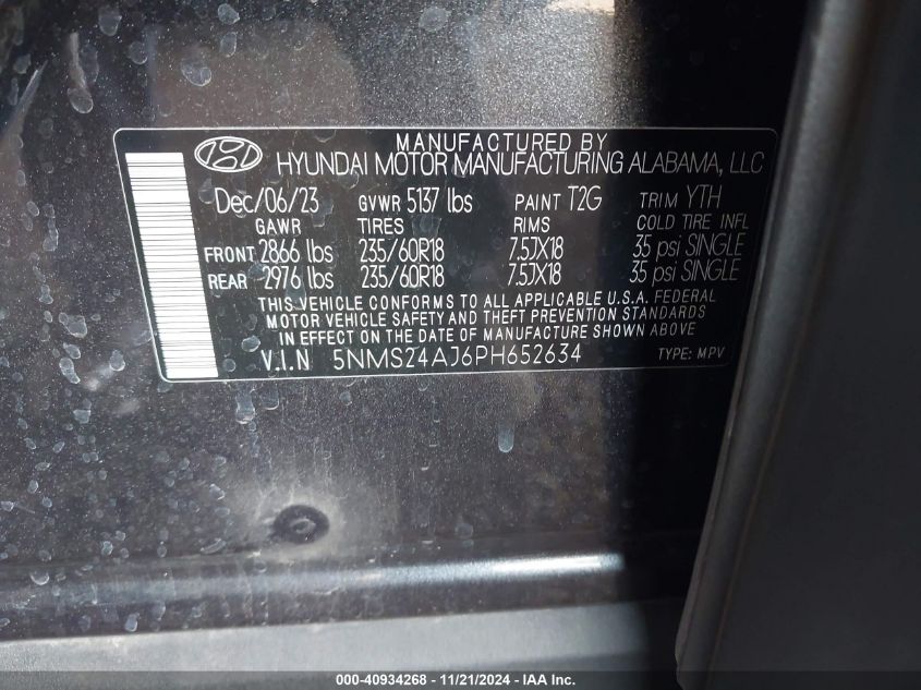 2023 Hyundai Santa Fe Sel VIN: 5NMS24AJ6PH652634 Lot: 40934268