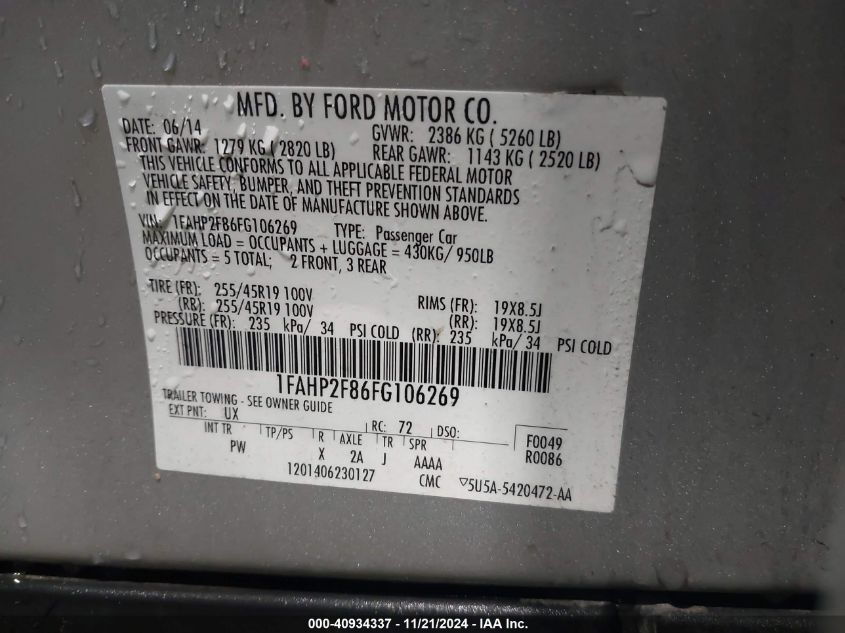 2015 FORD TAURUS LIMITED - 1FAHP2F86FG106269