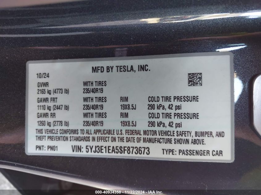 VIN 5YJ3E1EA5SF873673 2025 TESLA MODEL 3 no.9