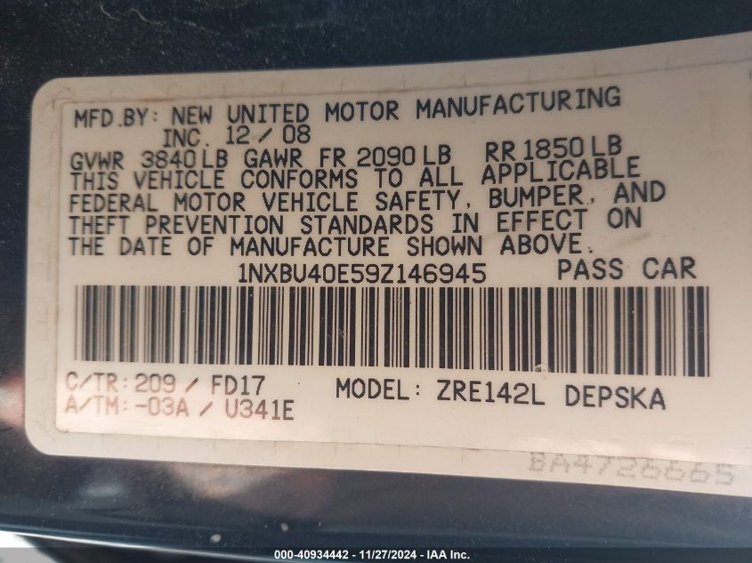 2009 Toyota Corolla VIN: 1NXBU4DE59Z146945 Lot: 40934442