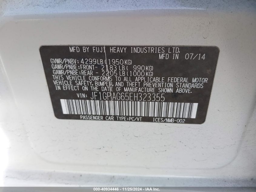 VIN JF1GPAG65EH323355 2014 Subaru Impreza, 2.0I Lim... no.9