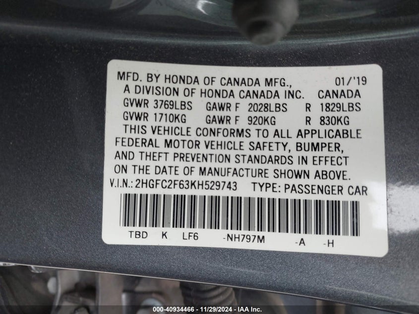 2019 HONDA CIVIC VIN: 2HGFC2F63KH529743