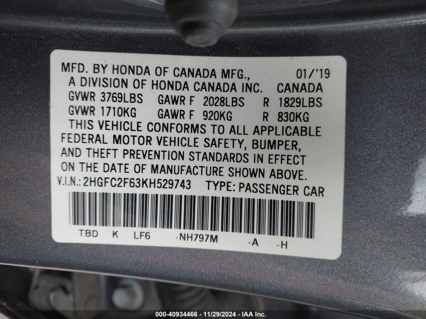 2019 HONDA CIVIC VIN: 2HGFC2F63KH529743