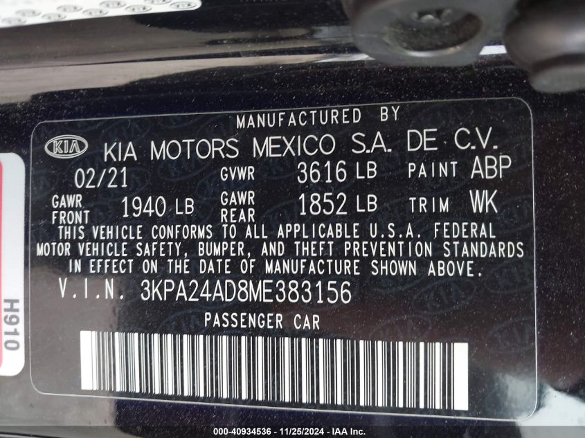 2021 Kia Rio Lx VIN: 3KPA24AD8ME383156 Lot: 40934536